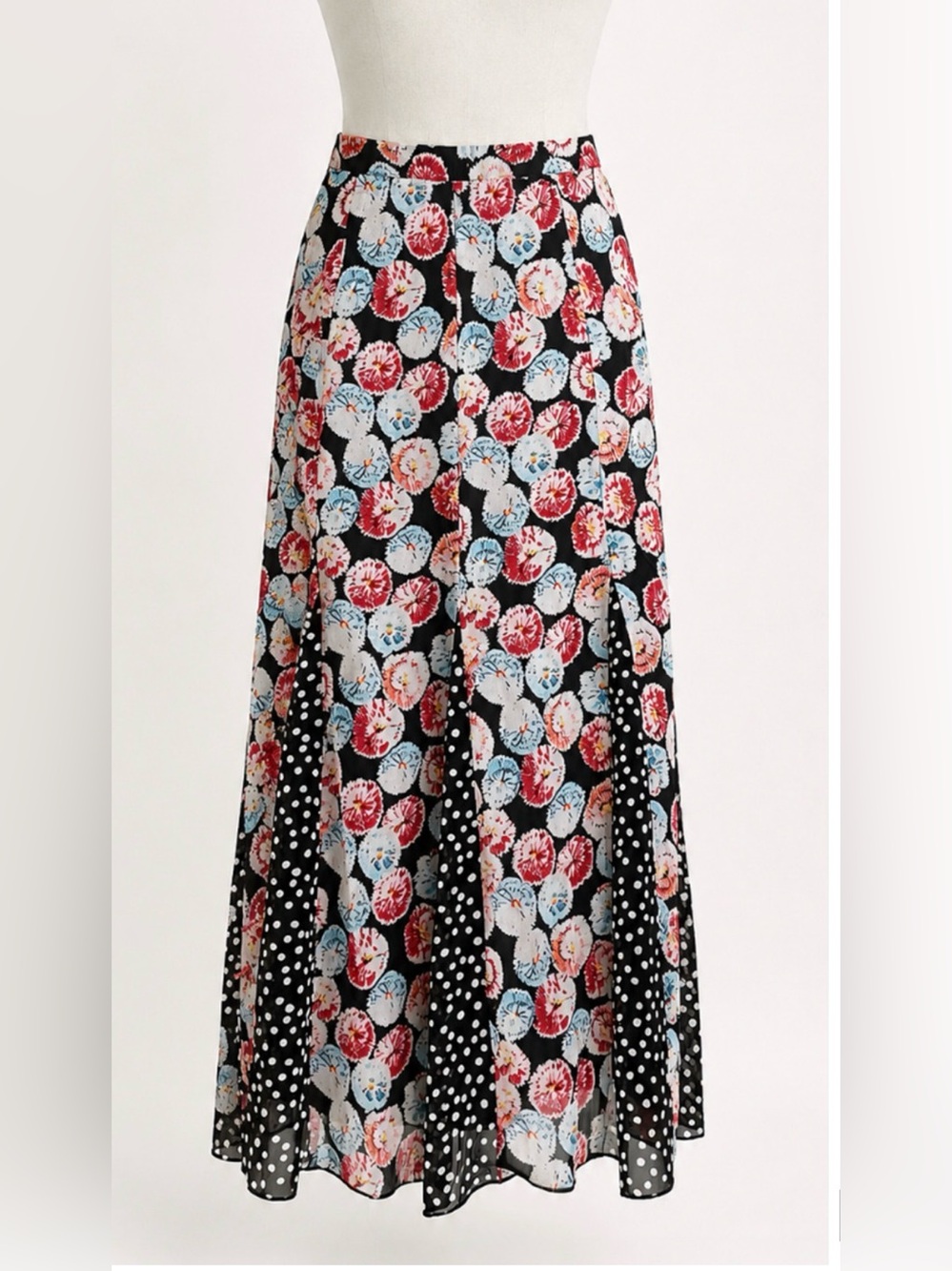 NEW THE PYRAMID COLLECTION BLACK DOTTY MIXED PRINT FLORAL MIDI SKIRT BOHO MEDIUM